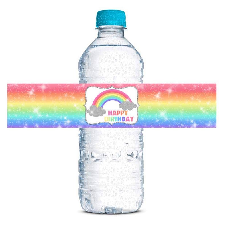 Amanda Creation Rainbow Sparkle Themed Birthday Party Waterproof Water Bottle Sticker Wrappers, 20 1.75" x 8.5" Wrap Around Labels by AmandaCreation - Image 1